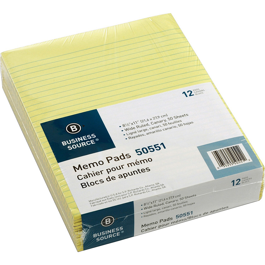 Business Source Glued Top Ruled Memo Pads - Letter 50 Sheets - Glue - 16 lb Basis Weight - Letter - 8 1/2" x 11" Sheet Size - Canary Paper - 1 Dozen (BSN50551)