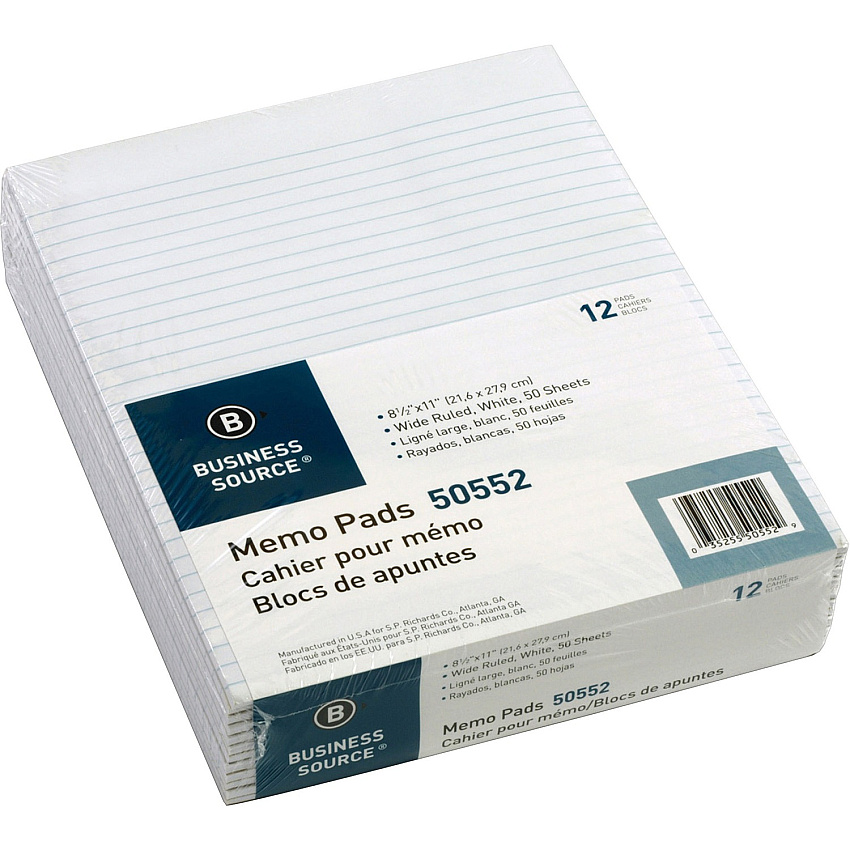 Business Source Glued Top Ruled Memo Pads - Letter 50 Sheets - Glue - Wide Ruled Front Ruling - 16 lb Basis Weight - Letter - 8 1/2" x 11" Sheet Size - White Paper - 1 Dozen (BSN50552)