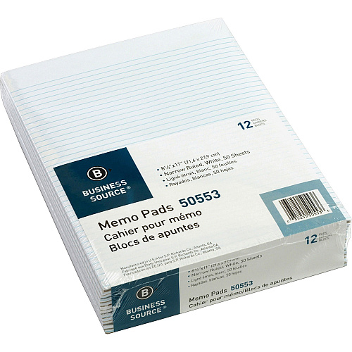Business Source Glued Top Ruled Memo Pads - Letter 50 Sheets - Glue - Narrow Ruled Front Ruling - 16 lb Basis Weight - Letter - 8 1/2" x 11" Sheet Size - White Paper - 1 Dozen (BSN50553)