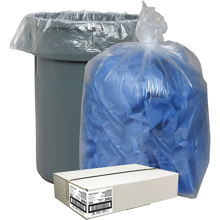 Nature Saver Recycled Trash Can Liners Extra Large Size - 60 gal Capacity - 58" Length x 38" Width x 1.50 mil (38 Micron) Thickness - Low Density - Clear - Pilferage Control - Recycled - 100 / Carton (29902)