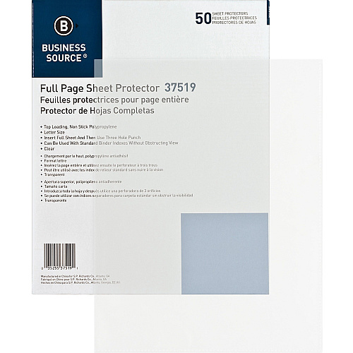 Business Source Full Sheet Top Load Poly Sheet Protectors 3.1 mil Thickness - For Letter 8 1/2" x 11" Sheet - Rectangular - Clear - Polypropylene - 50 / Box (BSN37519)