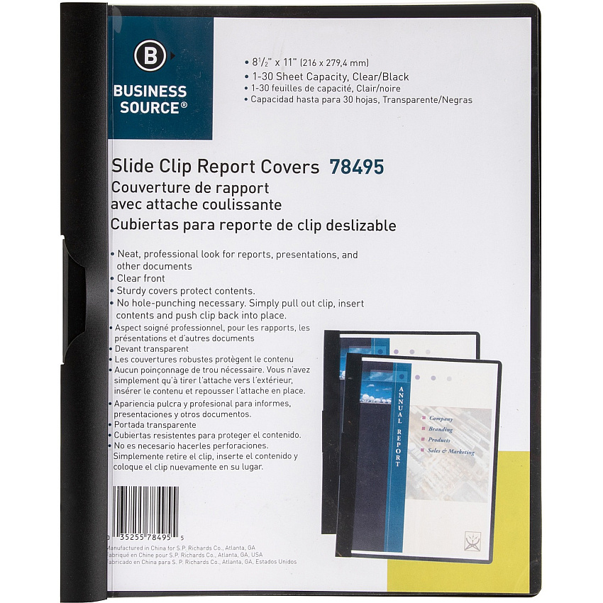 Business Source Letter Report Cover 8 1/2" x 11" - 30 Sheets Capacity - Vinyl - Black - 1 Each (BSN78495)