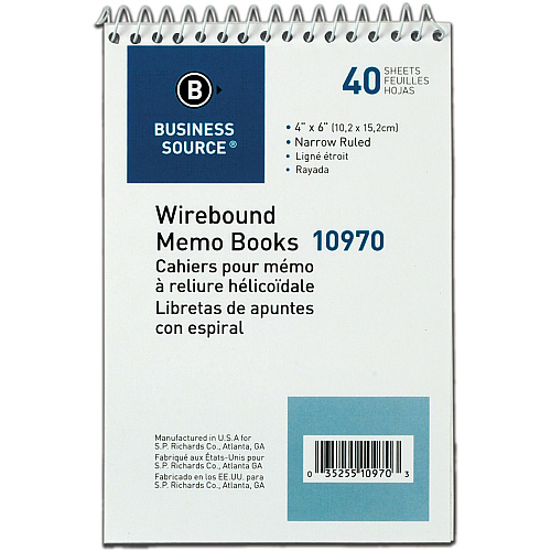 Business Source Wirebound Memo Books 40 Sheet(s) - Wire Bound - 4" x 6" Sheet Size - White - White Sheet(s) - 1 Dozen (BSN10970)