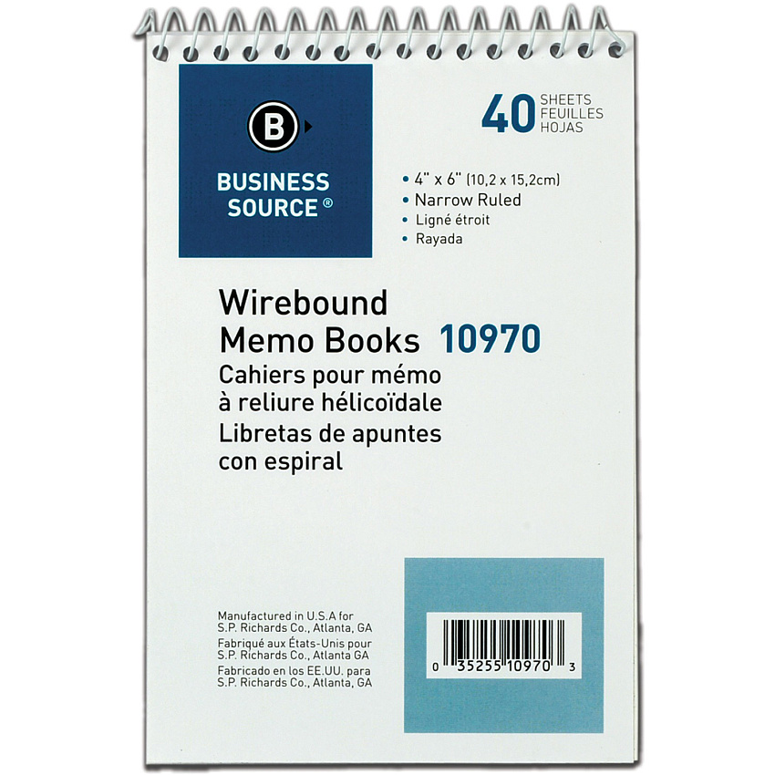 Business Source Wirebound Memo Books 40 Sheet(s) - Wire Bound - 4" x 6" Sheet Size - White - White Sheet(s) - 1 Dozen (BSN10970)