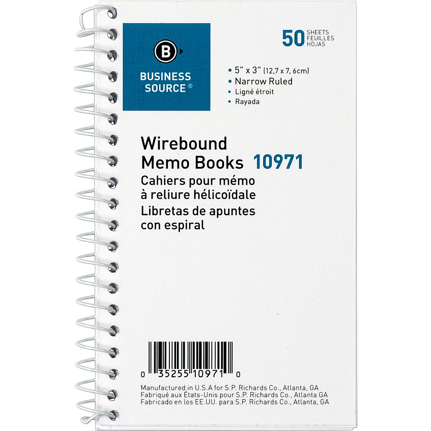 Business Source Side Wirebound Ruled Memo Book 50 Sheet(s) - Wire Bound - 3" x 5" Sheet Size - White - 1 Dozen (BSN10971)