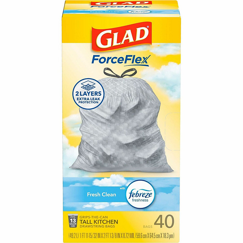 Glad ForceFlex Tall Kitchen Drawstring Trash Bags Fresh Clean with Febreze Freshness - 13 gal Capacity - 27.38" Length x 24" Width x 1.05 mil (27 Micron) Thickness - Drawstring Closure - White - Kitchen - 40 / Box (78361)