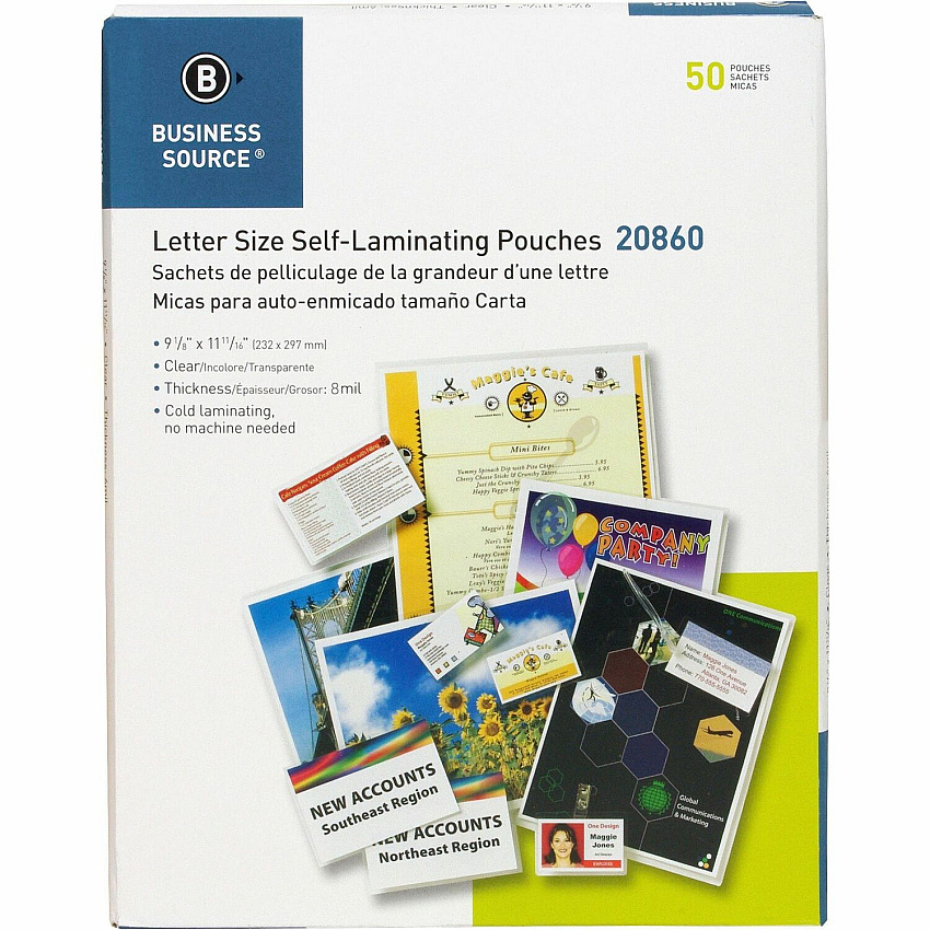 Business Source Laminating Document Pouches Laminating Pouch/Sheet Size: 9" Width x 11.50" Length x 8 mil Thickness - for Document, ID Badge, Photo, Recipe - Pre-trimmed - Clear - 50 / Box (BSN20860)