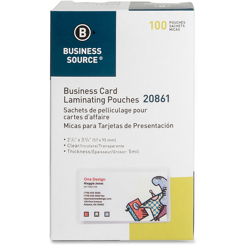 Business Source 5 mil Business Card Laminating Pouches Laminating Pouch/Sheet Size: 2.25" Width x 3.75" Length x 5 mil Thickness - for Business Card - Pre-trimmed, Moisture Resistant, Fade Resistant - Clear - 100 / Box (BSN20861)