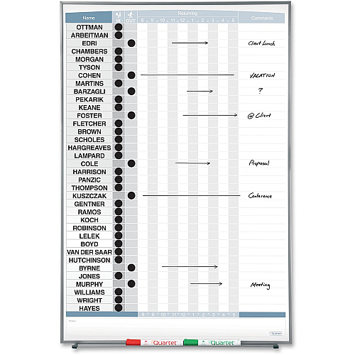 Quartet Matrix 36-employee In/Out Board 34" Board Height x 23" Board Width - White Natural Cork Surface - Magnetic, Durable - Silver Frame - 1 Each (33705)