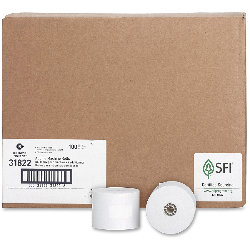 Business Source 1-Ply 2-1/4"x165' Adding Machine Rolls 2 1/4" x 165 ft - Sustainable Forestry Initiative (SFI) - Lint-free - White - 100 / Carton (BSN31822)