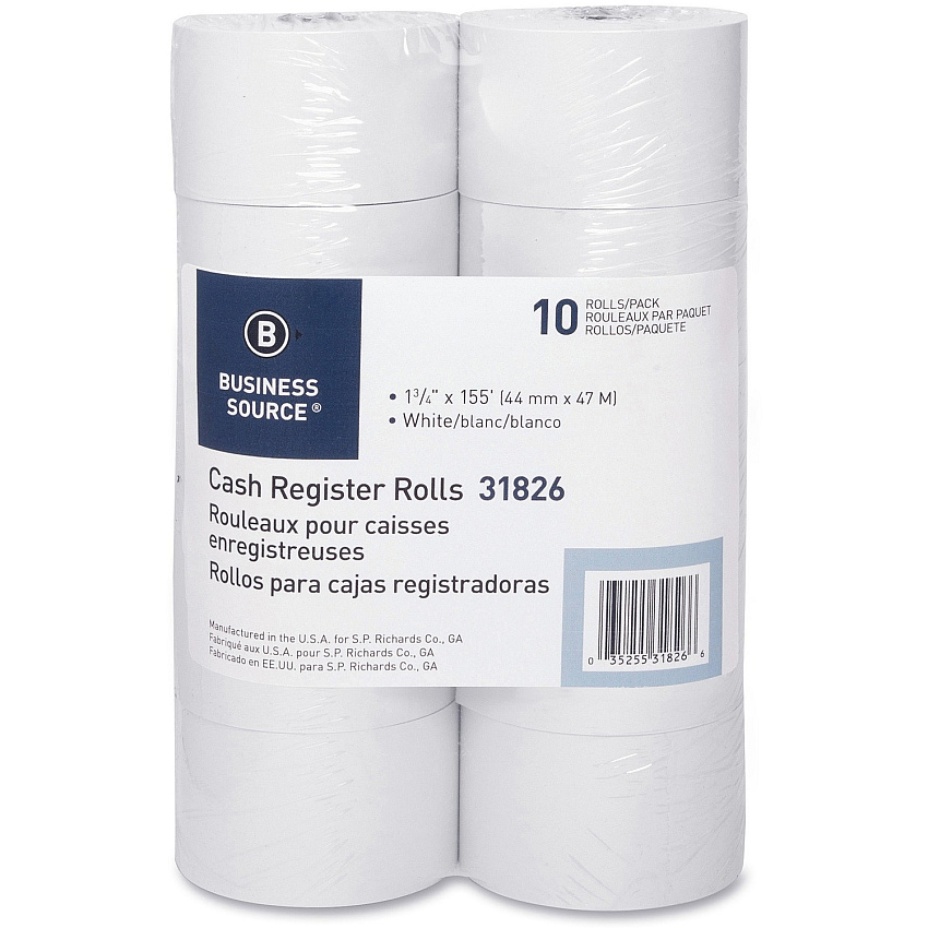 Business Source 1-Ply 155' Adding Machine Paper Rolls 1 3/4" x 155 ft - Sustainable Forestry Initiative (SFI) - Lint-free - White - 10 / Pack (BSN31826)