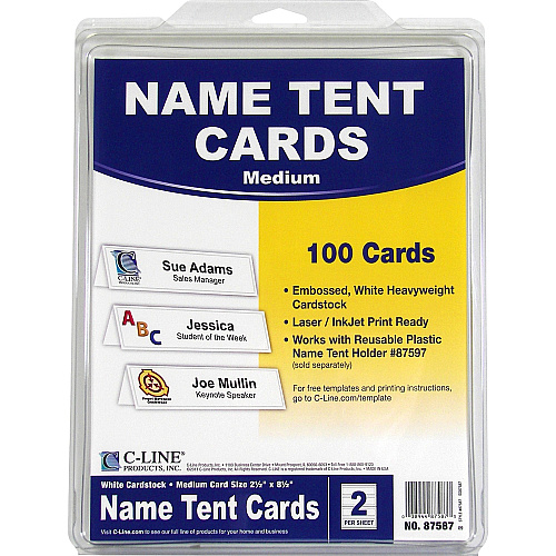 C-Line Embossed Cardstock Name Tents Letter - 8 1/2" x 11" - White - 100 / Box (87587)