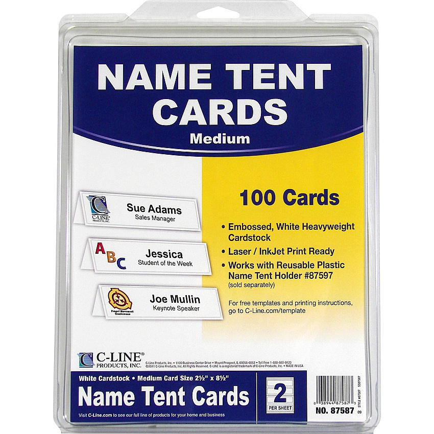 C-Line Embossed Cardstock Name Tents Letter - 8 1/2" x 11" - White - 100 / Box (87587)