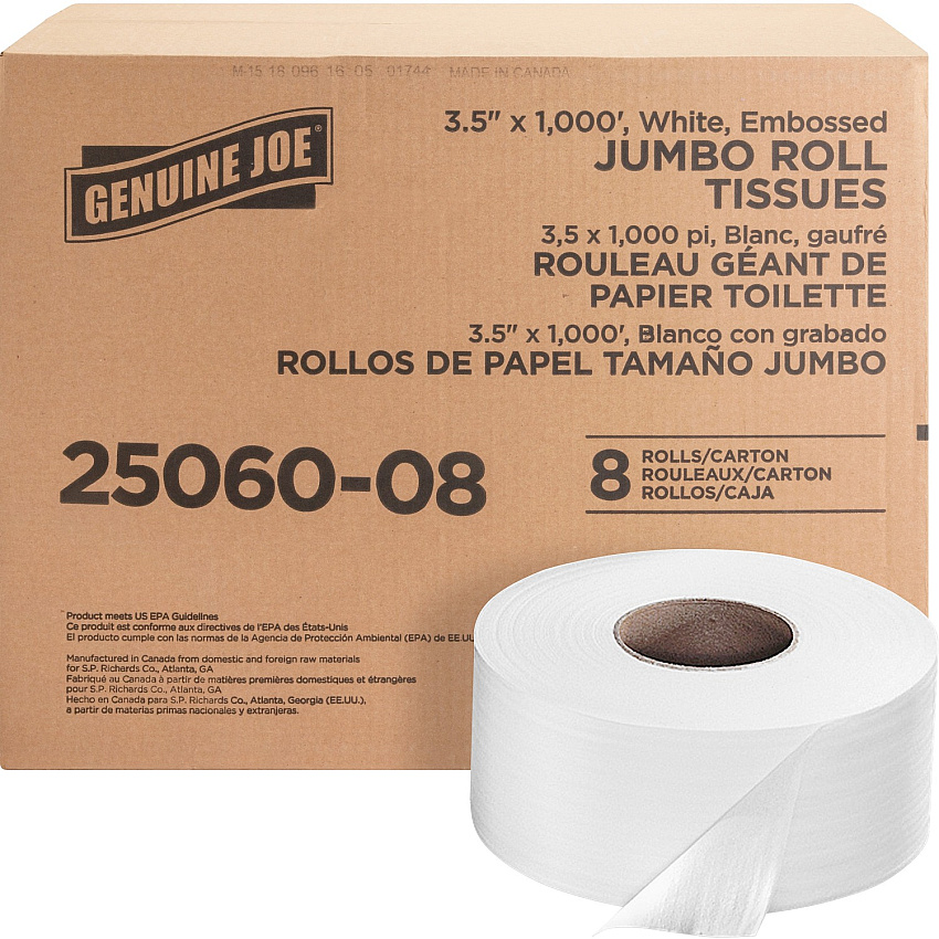 Genuine Joe&reg; Jumbo Roll Toilet Paper, White 2-Ply, 8 Rolls (GJO2506008)