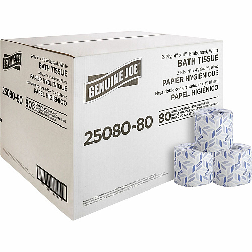 Genuine Joe&reg; Standard Toilet Paper, 2-Ply, 550 Sheets, 80 Rolls 2 Ply - 4" Width x 4" Length - 550 Sheets/Roll - 1 5/8" Core - White - 80 / Carton (GJO2508080)