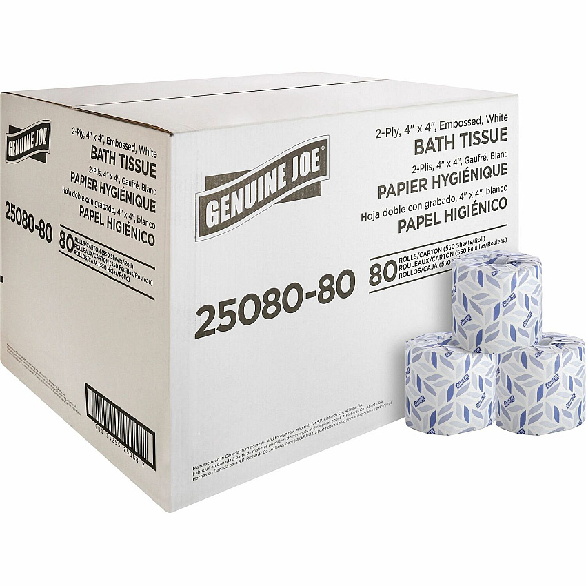 Genuine Joe&reg; Standard Toilet Paper, 2-Ply, 550 Sheets, 80 Rolls 2 Ply - 4" Width x 4" Length - 550 Sheets/Roll - 1 5/8" Core - White - 80 / Carton (GJO2508080)