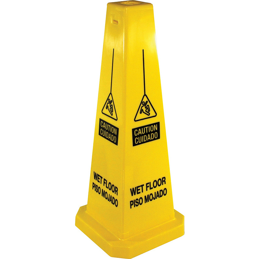 Genuine Joe Bright 4-sided Caution Safety Cone English, Spanish - 10" Width x 24" Height x 10" Depth - Cone Shape - Stackable - Industrial - Polypropylene - Yellow - 1 Each (GJO58880)