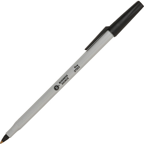 Business Source Fine Point Ballpoint Stick Pens Fine Pen Point - Black Ink - Light Gray Barrel - Stainless Steel Tip - 1 Dozen (BSN37503)