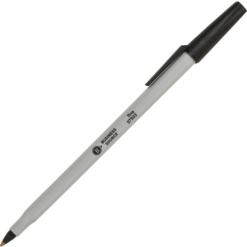 Business Source Fine Point Ballpoint Stick Pens Fine Pen Point - Black Ink - Light Gray Barrel - Stainless Steel Tip - 1 Dozen (BSN37503)