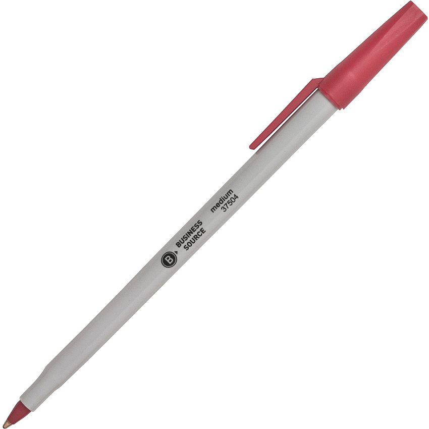 Business Source Medium Point Ballpoint Stick Pens Medium Pen Point - Red Ink - Light Gray Barrel - Stainless Steel Tip - 1 Dozen (BSN37504)