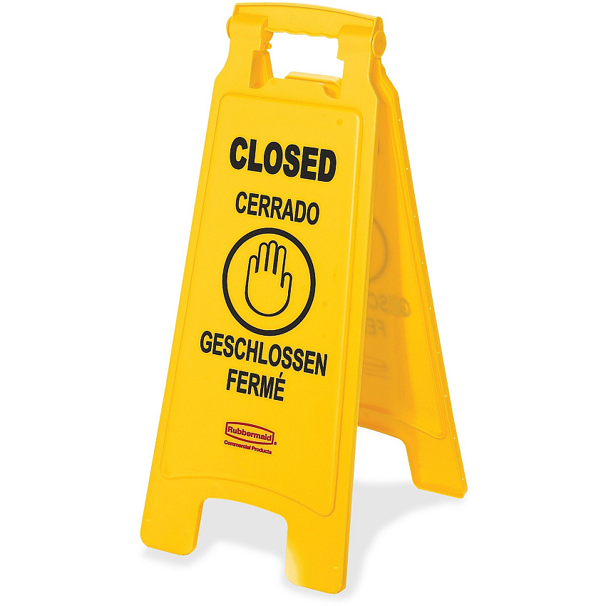 Rubbermaid Commercial Closed Multi-Lingual Floor Sign English, French, German, Spanish - Print/Message "CLOSED" - 11" Width x 25" Height x 12" Depth - Rectangular Shape - Hanging - Double Sided - Lightweight, Durable, Multilingual, Fade Resista (611278YW)