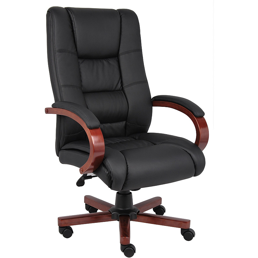 Boss CaressoftPlus High-Back Executive Chair Black Seat Color - Vinyl Seat Material - Black, Cherry Wood Frame Color - Wood Frame Material - 5-star Base - 1 Each (B8991C)