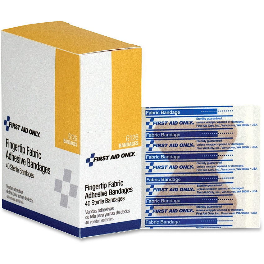 First Aid Only Fingertip Fabric Adhesive Bandages 2.50" Width x 3.25" Length - White - Fabric - 40 / Box (G126)