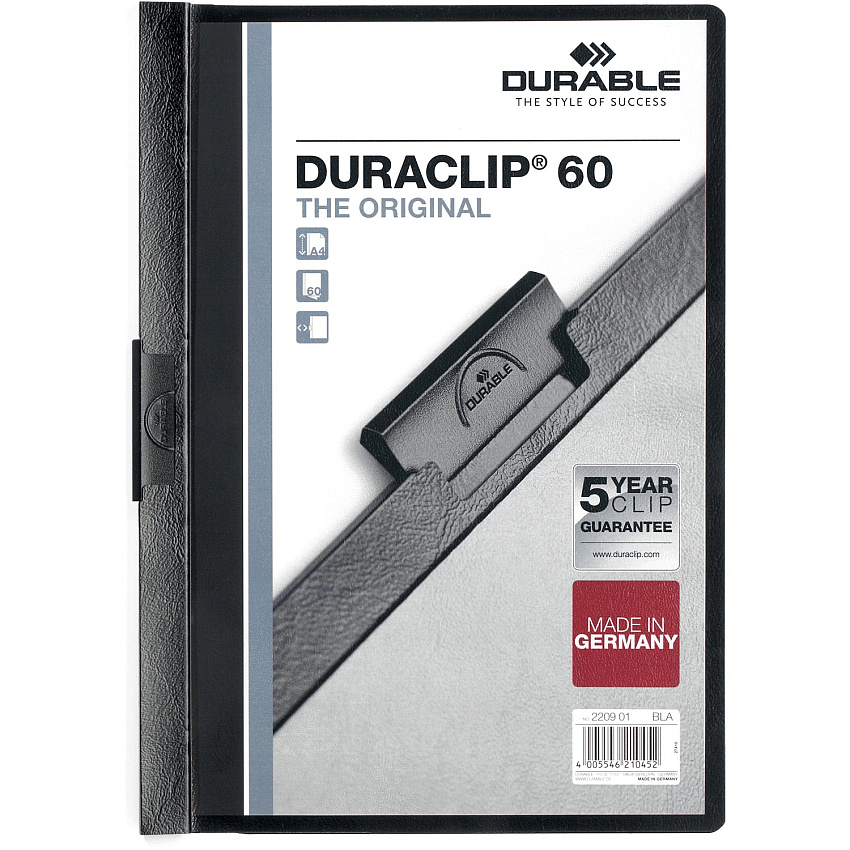 DURABLE&reg; DURACLIP&reg; Report Cover 8 1/2" x 11" - 60 Sheets Capacity - Vinyl, Steel - Black - 1 Each (221401)