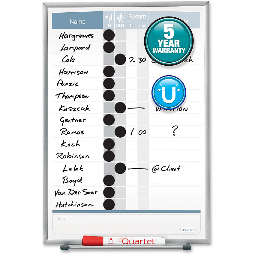 Quartet Matrix 15-employee In/Out Board 16" Board Height x 11" Board Width - White Natural Cork Surface - Magnetic, Durable - Silver Frame - 1 Each (33703)