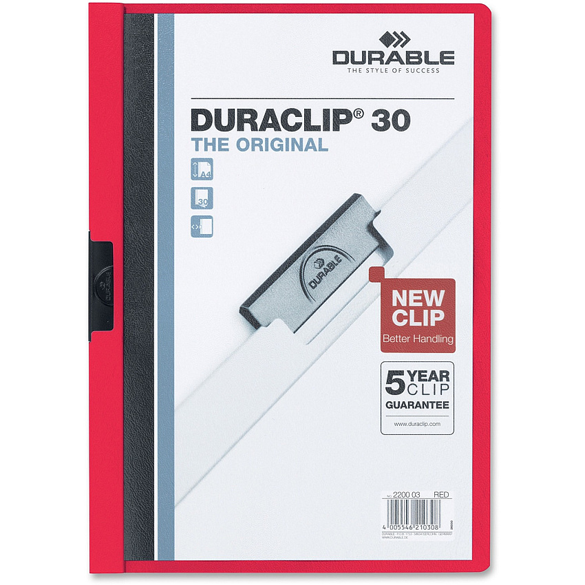 DURABLE&reg; DURACLIP&reg; Report Cover 8 1/2" x 11" - 30 Sheets Capacity - 1 Fastener(s) - Vinyl - Red - 1 Each (220303)