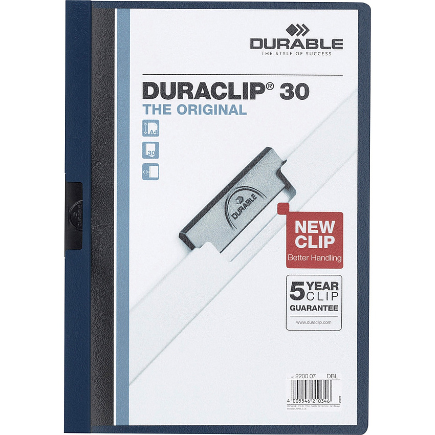 DURABLE&reg; DURACLIP&reg; Report Cover 8 1/2" x 11" - 30 Sheets Capacity - 1 Fastener(s) - Vinyl - Navy - 1 Each (220328)