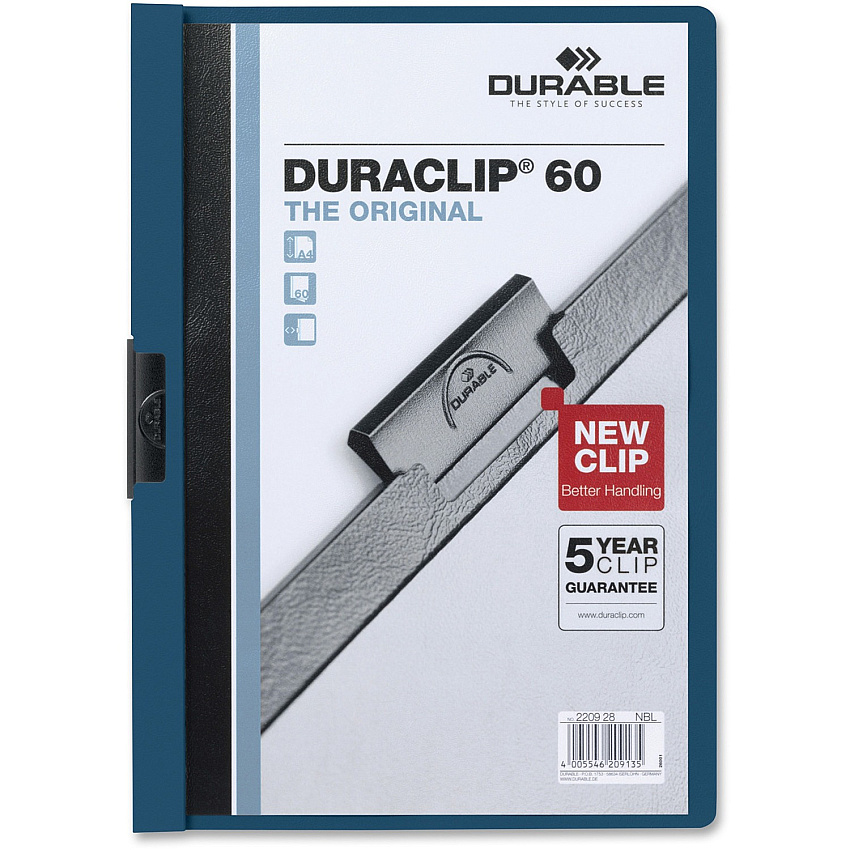DURABLE&reg; DURACLIP&reg; Report Cover 8 1/2" x 11" - 60 Sheets Capacity - 1 Fastener(s) - Vinyl - Dark Blue - 1 Each (221407)