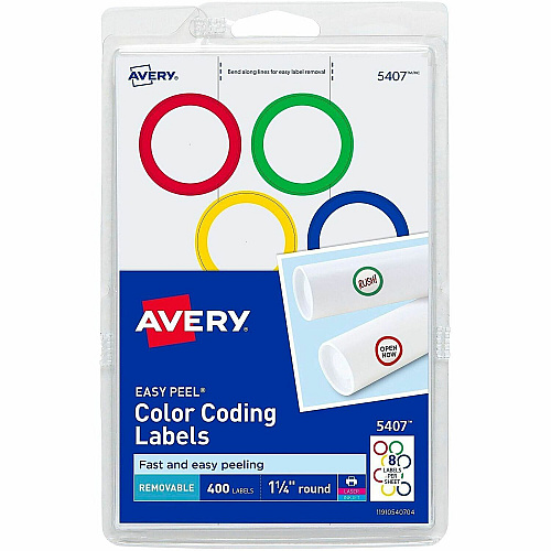 Avery&reg; Color-Coding Labels, Removable Adhesive, 1-1/4" Diameter, 400 Labels 1 1/4" Diameter - Removable Adhesive - Round - Laser, Inkjet - Matte - Assorted, Green, Red, Blue - Paper - 8 / Sheet - 50 Total Sheets - 400 Total Label(s) - 400/Pack (05407)