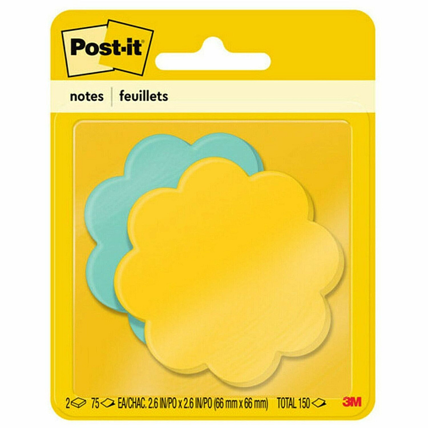 Post-it&reg; Super Sticky Die-Cut Notes 150 x Assorted - 3" Flag/Note Width x 3" Flag/Note Length - Daisy - Yellow, Blue - Self-adhesive - 2 / Pack (7350DSY)