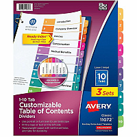 Avery Dividers, 10 Tabs, Ready Index 30 x Divider(s) - 30 Tab(s) - Digit - 1-10 - 10 Tab(s)/Set - 8.5" Divider Width x 11" Divider Length - 3 Hole Punched - White Paper Divider - Multicolor Paper Tab(s) - 0% - Hole-punched, Printable, Re (3 Sets of 11072)