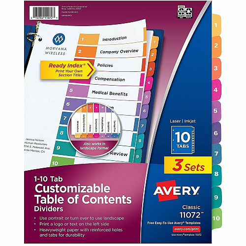 Avery Dividers, 10 Tabs, Ready Index 30 x Divider(s) - 30 Tab(s) - Digit - 1-10 - 10 Tab(s)/Set - 8.5" Divider Width x 11" Divider Length - 3 Hole Punched - White Paper Divider - Multicolor Paper Tab(s) - 0% - Hole-punched, Printable, Re (3 Sets of 11072)