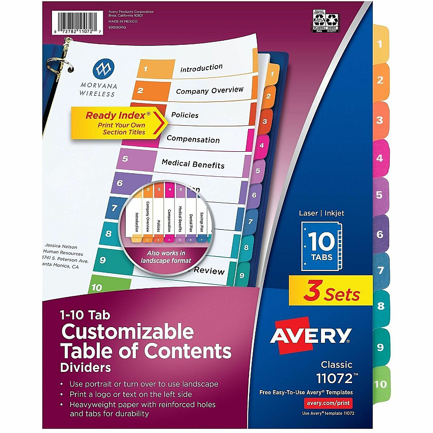 Avery Dividers, 10 Tabs, Ready Index 30 x Divider(s) - 30 Tab(s) - Digit - 1-10 - 10 Tab(s)/Set - 8.5" Divider Width x 11" Divider Length - 3 Hole Punched - White Paper Divider - Multicolor Paper Tab(s) - 0% - Hole-punched, Printable, Re (3 Sets of 11072)