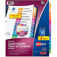 Avery Dividers, 12 Tabs, Ready Index 36 x Divider(s) - 36 Tab(s) - Digit - 1-12 - 12 Tab(s)/Set - 8.5" Divider Width x 11" Divider Length - 3 Hole Punched - White Paper Divider - Multicolor Paper Tab(s) - Hole-punched, Printable, Reinfor (3 Sets of 11073)