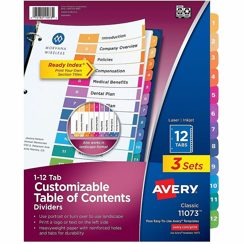 Avery Dividers, 12 Tabs, Ready Index 36 x Divider(s) - 36 Tab(s) - Digit - 1-12 - 12 Tab(s)/Set - 8.5" Divider Width x 11" Divider Length - 3 Hole Punched - White Paper Divider - Multicolor Paper Tab(s) - Hole-punched, Printable, Reinfor (3 Sets of 11073)