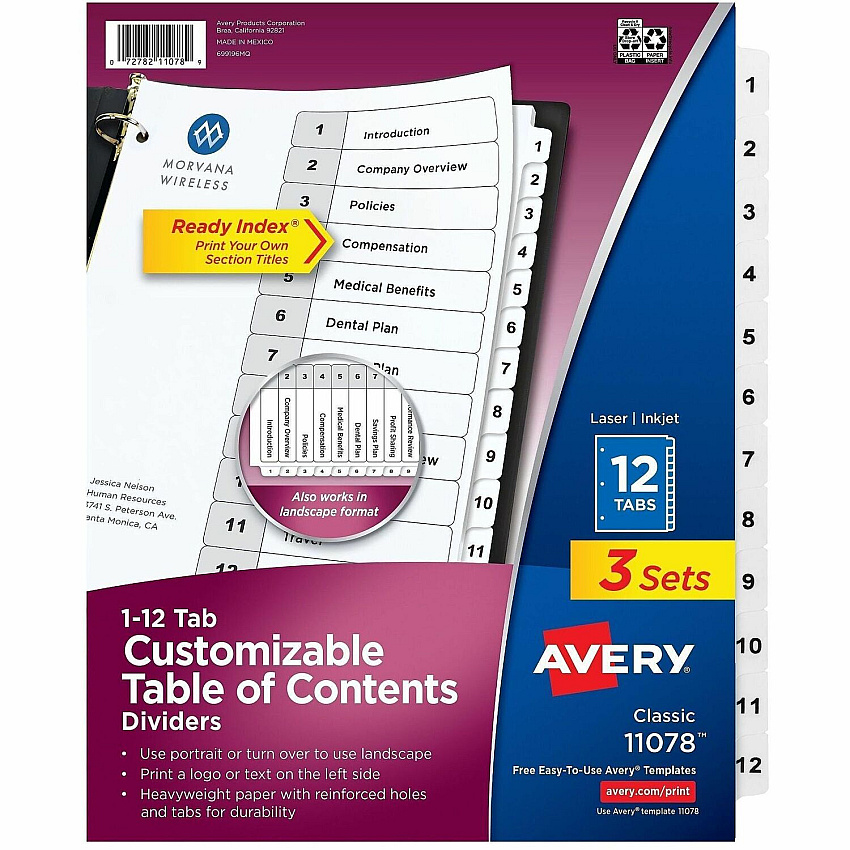 Avery Dividers, 12 Tabs, Ready Index 36 x Divider(s) - 36 Tab(s) - Digit - 1-12 - 12 Tab(s)/Set - 8.5" Divider Width x 11" Divider Length - 3 Hole Punched - White Paper Divider - White Paper Tab(s) - Hole-punched, Printable, Pre-printed, (3 Sets of 11078)