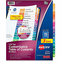 Avery Dividers, 15 Tabs, Ready Index, 45 x Divider(s) - 45 Tab(s) - Digit - 1-15 - 15 Tab(s)/Set - 8.5" Divider Width x 11" Divider Length - 3 Hole Punched - White Paper Divider - Multicolor Paper Tab(s) - Hole-punched, Printable, Reinfo (3 Sets of 11074)