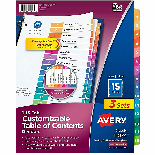 Avery Dividers, 15 Tabs, Ready Index, 45 x Divider(s) - 45 Tab(s) - Digit - 1-15 - 15 Tab(s)/Set - 8.5" Divider Width x 11" Divider Length - 3 Hole Punched - White Paper Divider - Multicolor Paper Tab(s) - Hole-punched, Printable, Reinfo (3 Sets of 11074)