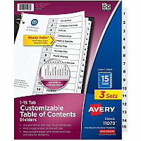 Avery Dividers, 15 Tabs, Ready Index 45 x Divider(s) - 45 Tab(s) - Digit - 1-15 - 15 Tab(s)/Set - 8.5" Divider Width x 11" Divider Length - 3 Hole Punched - White Paper Divider - White Paper Tab(s) - Hole-punched, Printable, Pre-printed, (3 Sets of 11079)