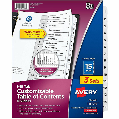 Avery Dividers, 15 Tabs, Ready Index 45 x Divider(s) - 45 Tab(s) - Digit - 1-15 - 15 Tab(s)/Set - 8.5" Divider Width x 11" Divider Length - 3 Hole Punched - White Paper Divider - White Paper Tab(s) - Hole-punched, Printable, Pre-printed, (3 Sets of 11079)
