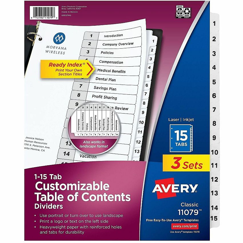 Avery Dividers, 15 Tabs, Ready Index 45 x Divider(s) - 45 Tab(s) - Digit - 1-15 - 15 Tab(s)/Set - 8.5" Divider Width x 11" Divider Length - 3 Hole Punched - White Paper Divider - White Paper Tab(s) - Hole-punched, Printable, Pre-printed, (3 Sets of 11079)