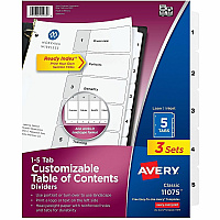 Avery Dividers, 5 Tabs, Ready Index 15 x Divider(s) - 15 Tab(s) - Digit - 1-5 - 5 Tab(s)/Set - 8.5" Divider Width x 11" Divider Length - 3 Hole Punched - White Paper Divider - White Paper Tab(s) - 0% - Hole-punched, Printable, Sturdy, Ho (3 Sets of 11075)