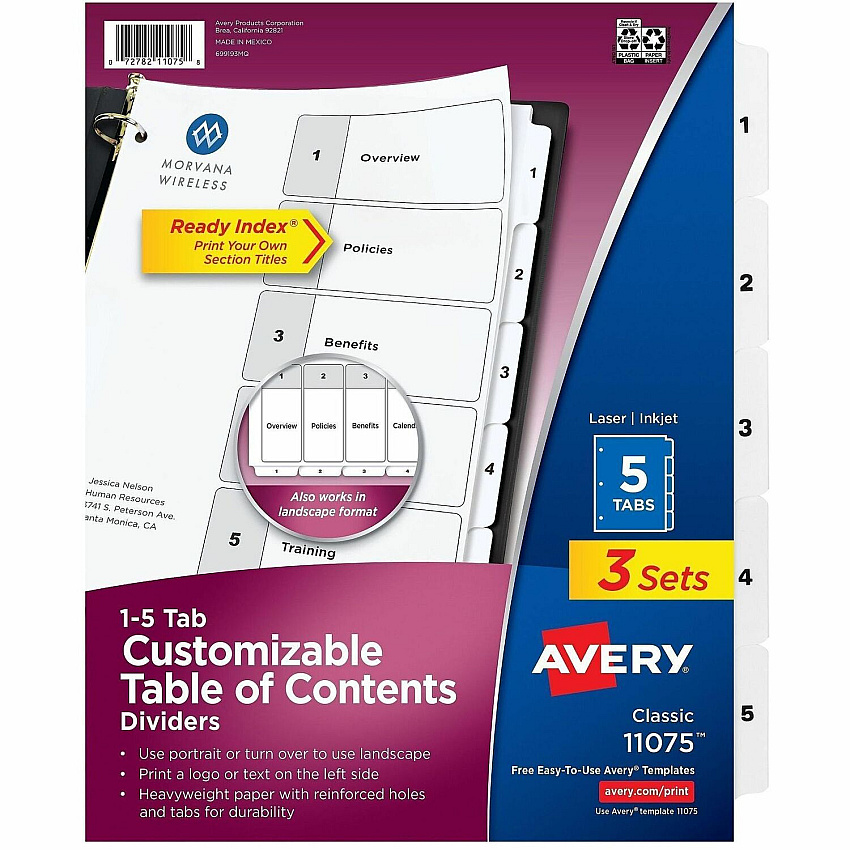 Avery Dividers, 5 Tabs, Ready Index 15 x Divider(s) - 15 Tab(s) - Digit - 1-5 - 5 Tab(s)/Set - 8.5" Divider Width x 11" Divider Length - 3 Hole Punched - White Paper Divider - White Paper Tab(s) - 0% - Hole-punched, Printable, Sturdy, Ho (3 Sets of 11075)