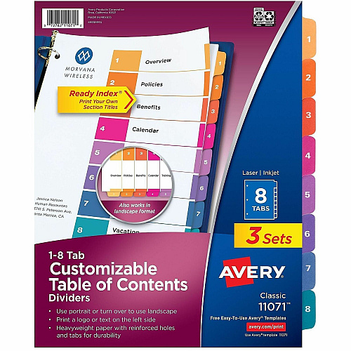 Avery Dividers, 8 Tabs, Ready Index 24 x Divider(s) - 24 Tab(s) - Digit - 1-8 - 8 Tab(s)/Set - 8.5" Divider Width x 11" Divider Length - 3 Hole Punched - White Paper Divider - Multicolor Paper Tab(s) - Hole-punched, Printable, Reinforced (3 Sets of 11071)