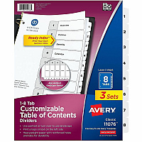 Avery Dividers, 8 Tabs, Ready Index 24 x Divider(s) - 24 Tab(s) - Digit - 1-8 - 8 Tab(s)/Set - 8.5" Divider Width x 11" Divider Length - 3 Hole Punched - White Paper Divider - White Paper Tab(s) - Hole-punched, Printable, Pre-printed, He (3 Sets of 11076)