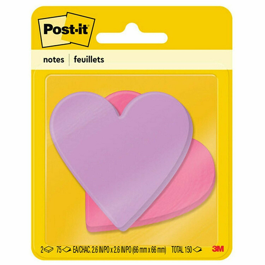 Post-it&reg; Die-Cut Notes 3" Flag/Note Width x 3" Flag/Note Length - Star, Heart - 75 Sheets per Pad - Unruled - Purple, Pink - Self-adhesive, Self-stick - 2 / Pack (7350HRT)